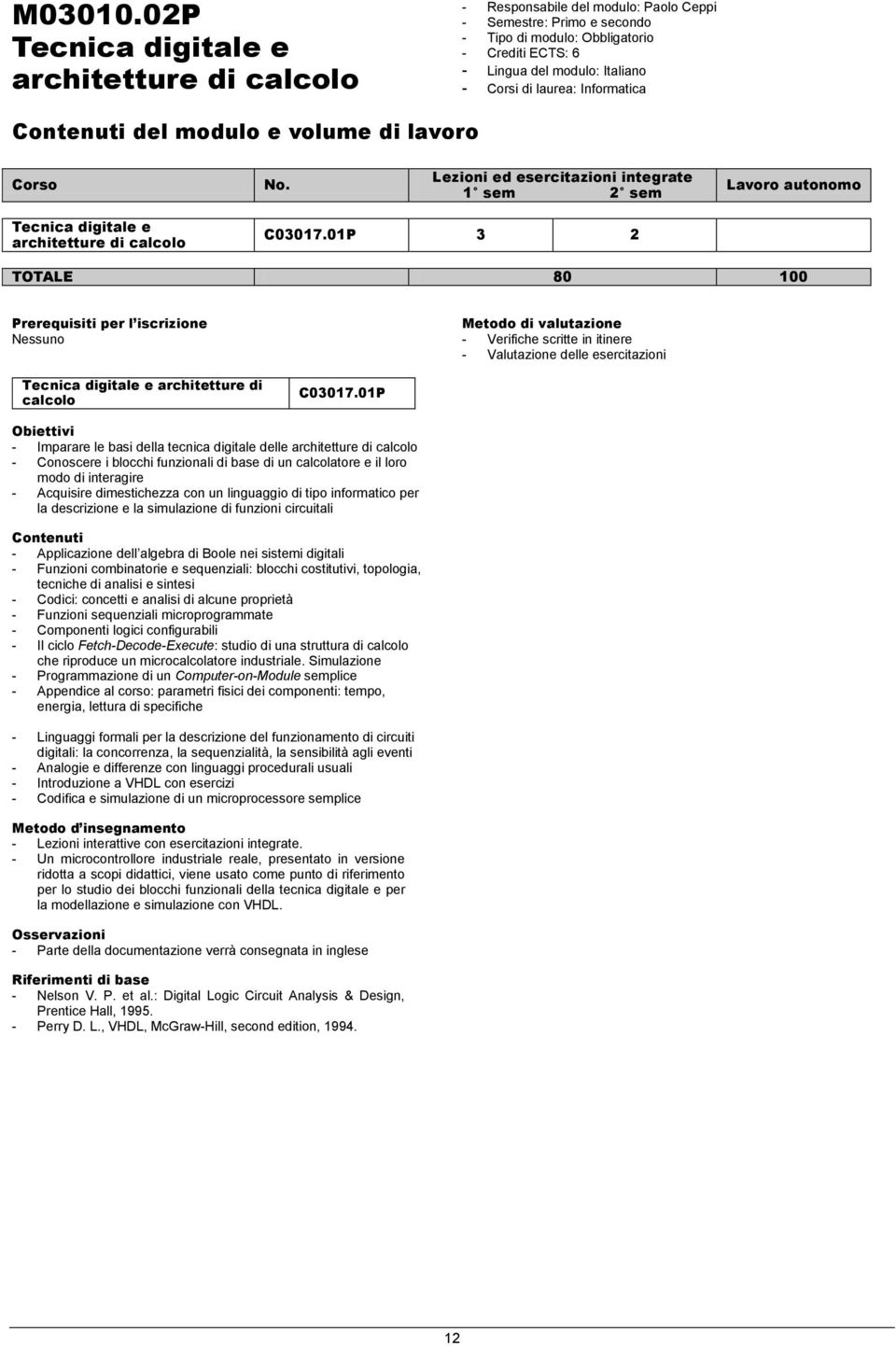 01P 3 2 TOTALE 80 100 Nessuno Metodo di valutazione - Verifiche scritte in itinere - Valutazione delle esercitazioni Tecnica digitale e architetture di calcolo C03017.