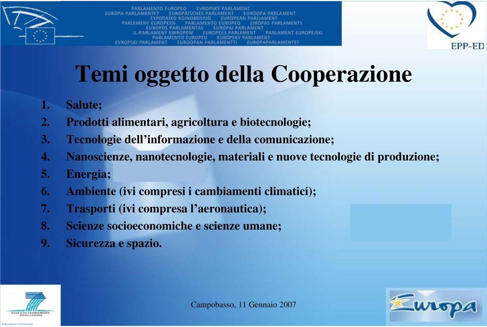 Nanoscienze, nanotecnologie, materiali e nuove tecnologie di produzione; 5. Energia; 6.