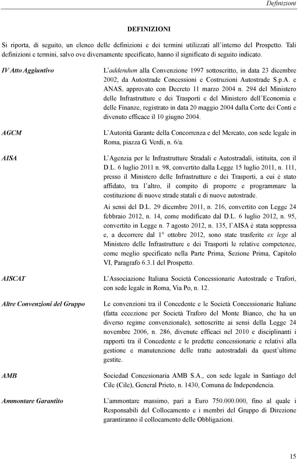 IV Atto Aggiuntivo AGCM AISA AISCAT Altre Convenzioni del Gruppo AMB Ammontare Garantito L addendum alla Convenzione 1997 sottoscritto, in data 23 dicembre 2002, da Autostrade Concessioni e