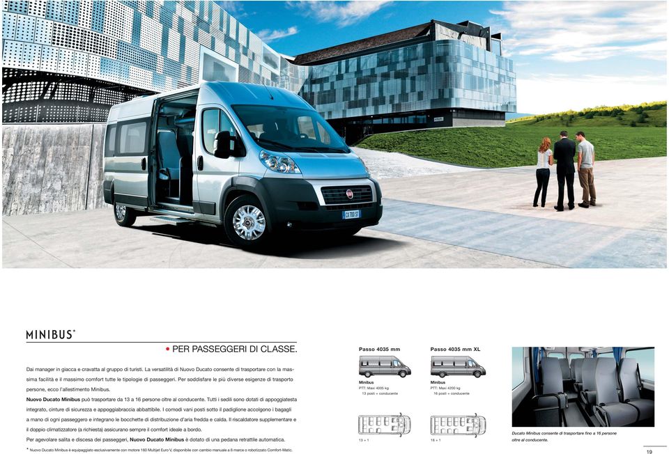 Per soddisfare le più diverse esigenze di trasporto persone, ecco l allestimento Minibus. Nuovo Ducato Minibus può trasportare da 13 a 16 persone oltre al conducente.