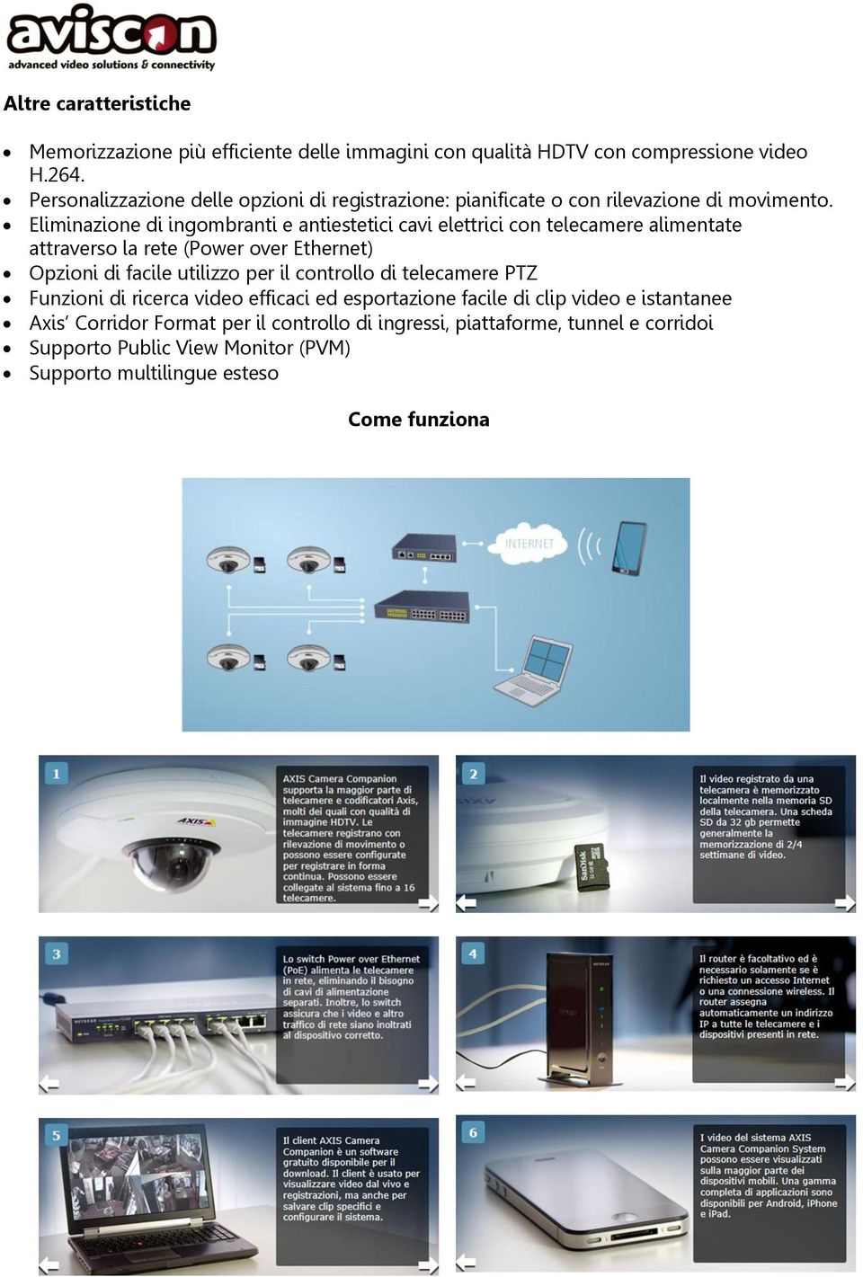 Eliminazione di ingombranti e antiestetici cavi elettrici con telecamere alimentate attraverso la rete (Power over Ethernet) Opzioni di facile utilizzo per il