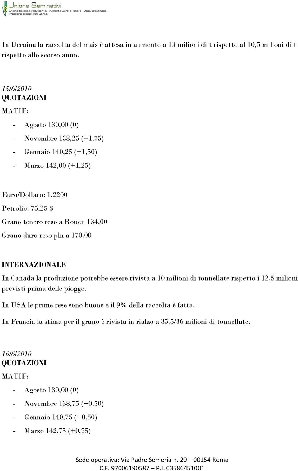 134,00 Grano duro reso pln a 170,00 INTERNAZIONALE In Canada la produzione potrebbe essere rivista a 10 milioni di tonnellate rispetto i 12,5 milioni previsti prima delle piogge.