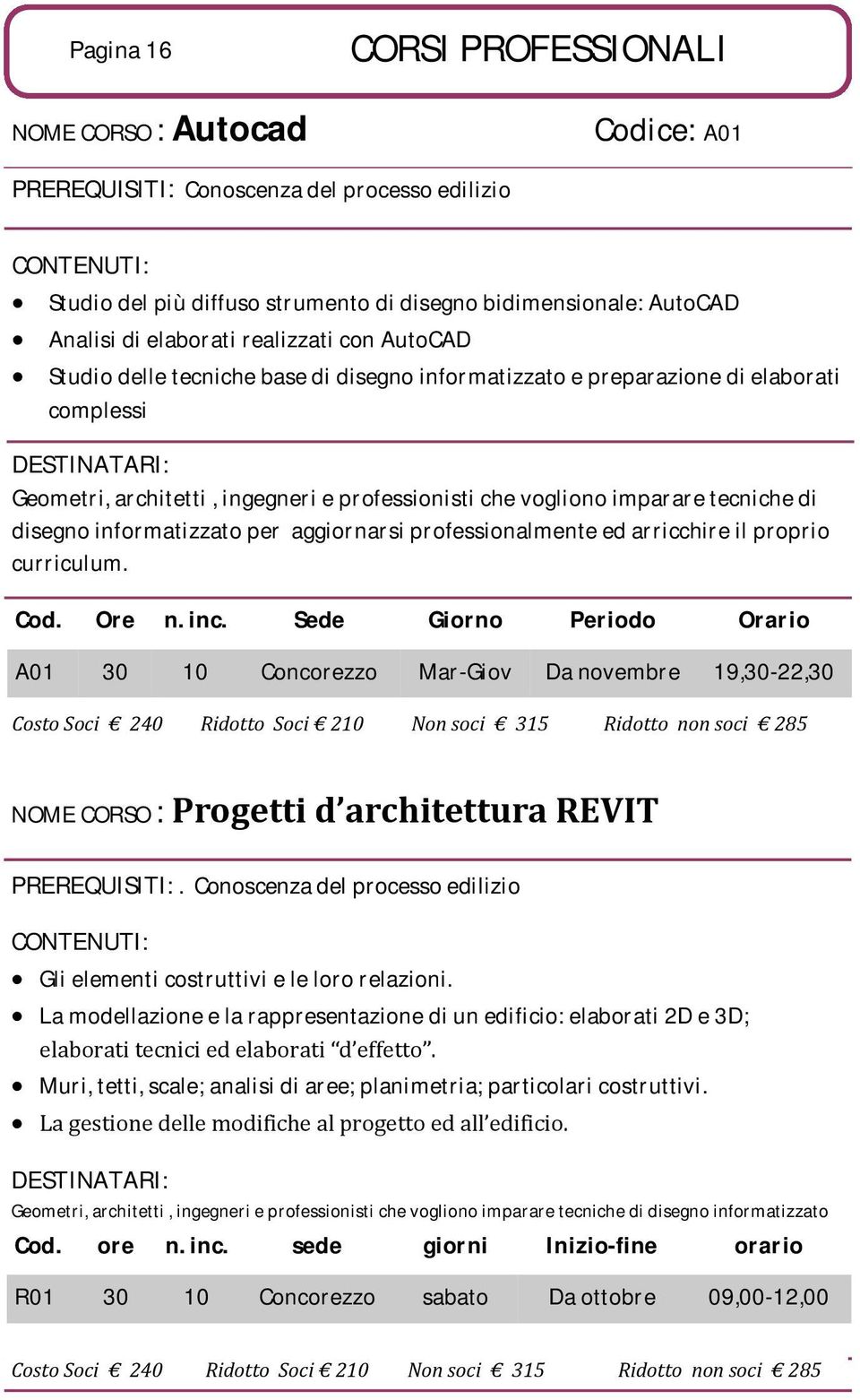 imparare tecniche di disegno informatizzato per aggiornarsi professionalmente ed arricchire il proprio curriculum. Cod. Ore n. inc.