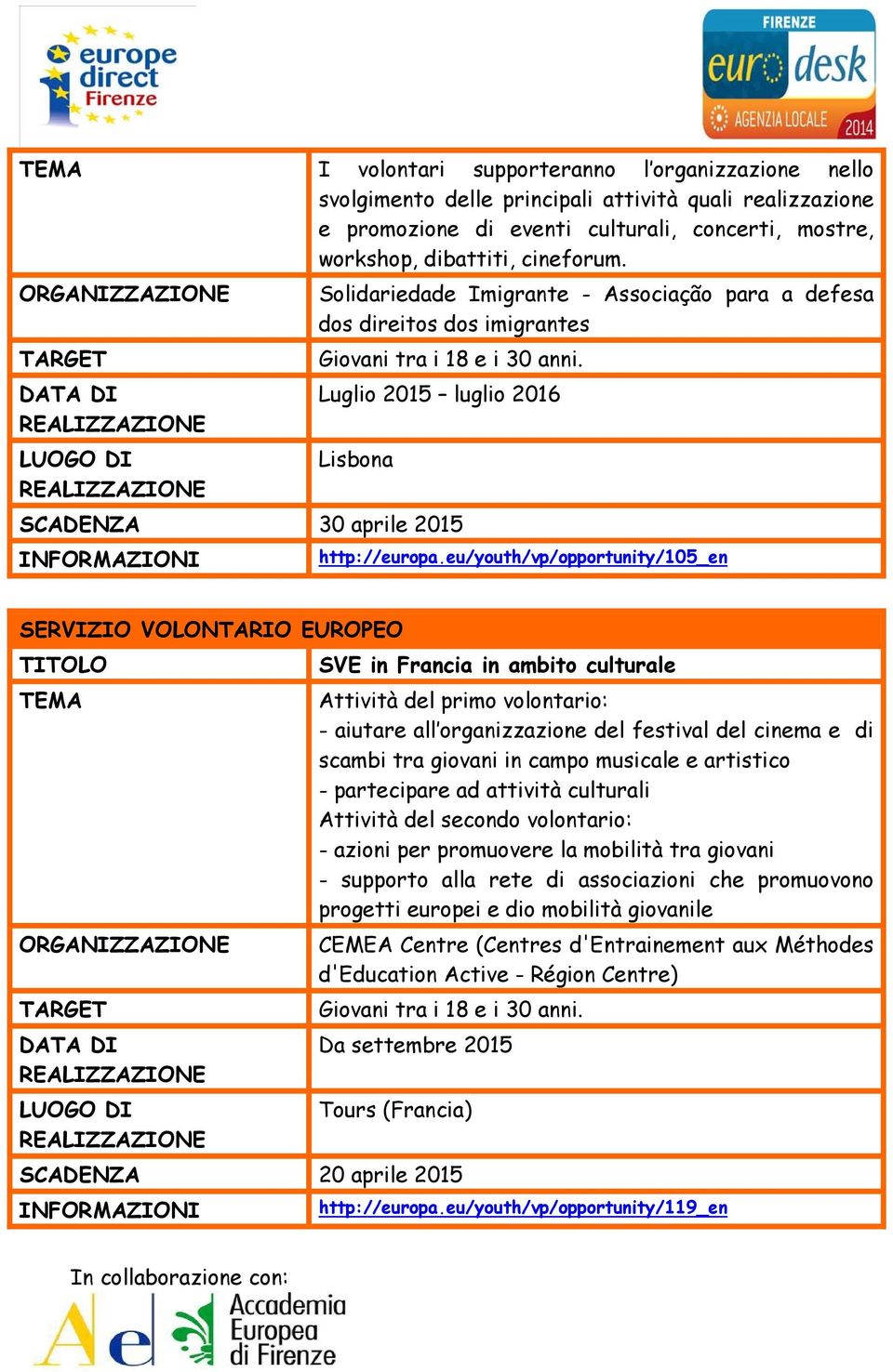 eu/youth/vp/opportunity/105_en SERVIZIO VOLONTARIO EUROPEO SVE in Francia in ambito culturale Attività del primo volontario: - aiutare all organizzazione del festival del cinema e di scambi tra