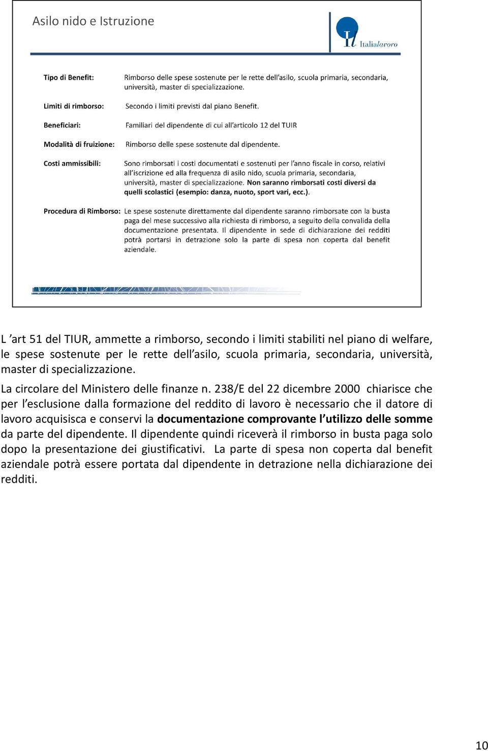 238/E del 22 dicembre 2000 chiarisce che per l esclusione dalla formazione del reddito di lavoro è necessario che il datore di lavoro acquisisca e conservi la documentazione