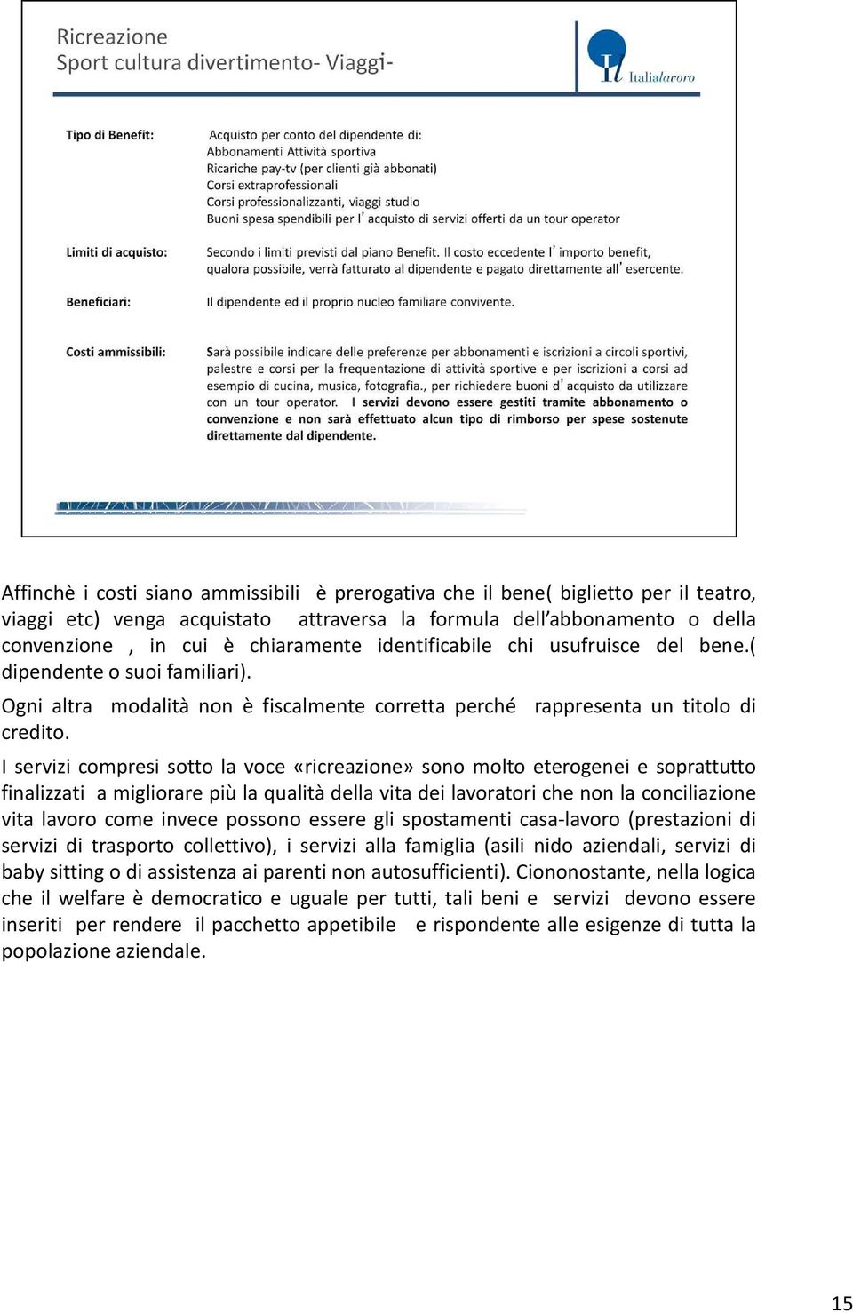 I servizi compresi sotto la voce «ricreazione» sono molto eterogenei e soprattutto finalizzati a migliorare più la qualità della vita dei lavoratori che non la conciliazione vita lavoro come invece