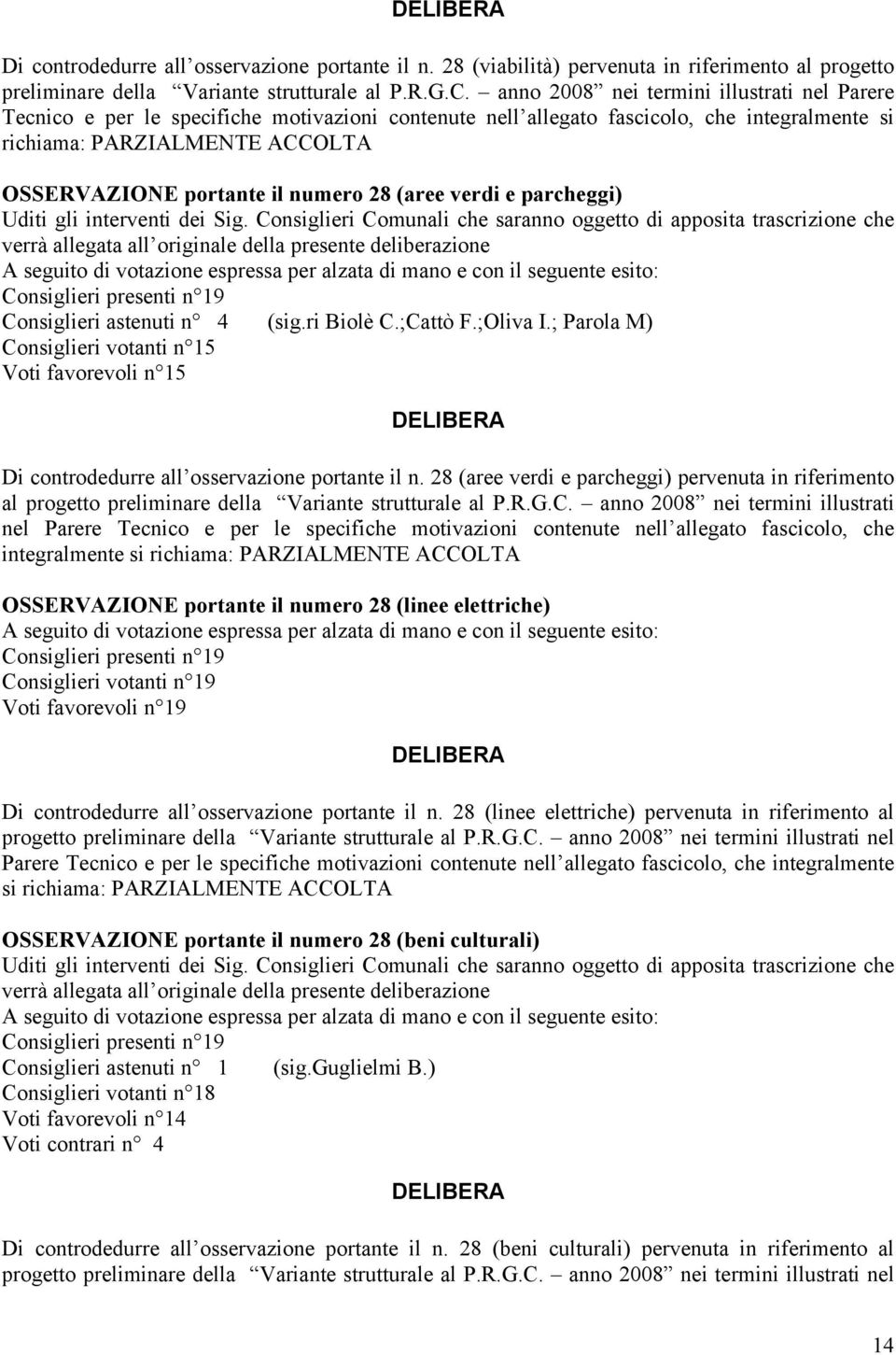 (aree verdi e parcheggi) Consiglieri astenuti n 4 (sig.ri Biolè C.;Cattò F.;Oliva I.; Parola M) Consiglieri votanti n 15 Voti favorevoli n 15 Di controdedurre all osservazione portante il n.