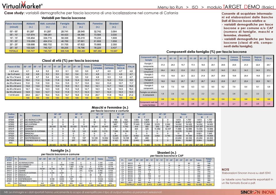 (numero di famiglie, maschi e femmine, stranieri), - variabili demografiche per fasce isocrone (classi di età, componenti della famiglia). Classi di età (%) per fascia isocrona Maschi e Femmine (n.