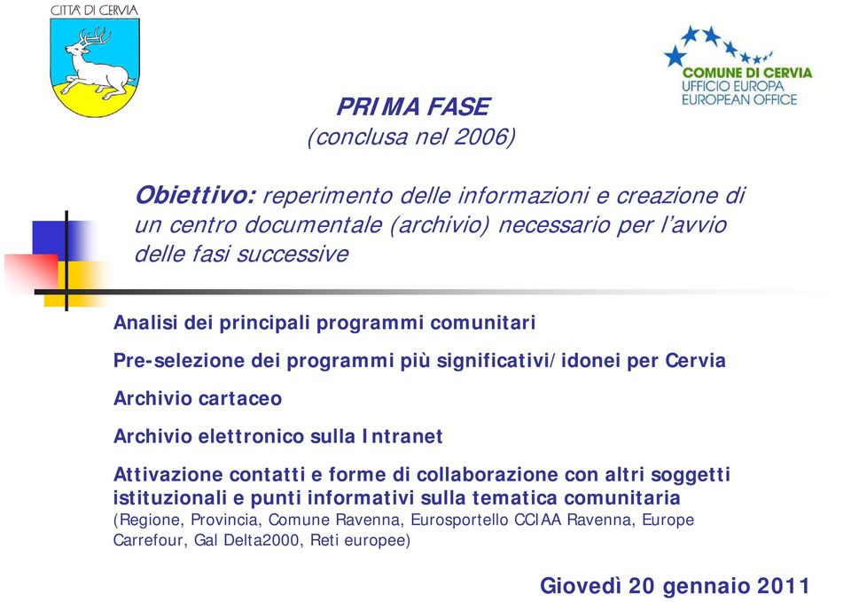 Archivio cartaceo Archivio elettronico sulla Intranet Attivazione contatti e forme di collaborazione con altri soggetti istituzionali e punti