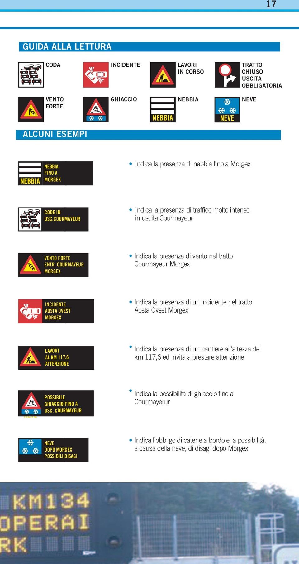 COURMAYEUR MORGEX Indica la presenza di vento nel tratto Courmayeur Morgex INCIDENTE AOSTA OVEST MORGEX Indica la presenza di un incidente nel tratto Aosta Ovest Morgex LAVORI AL KM 117.