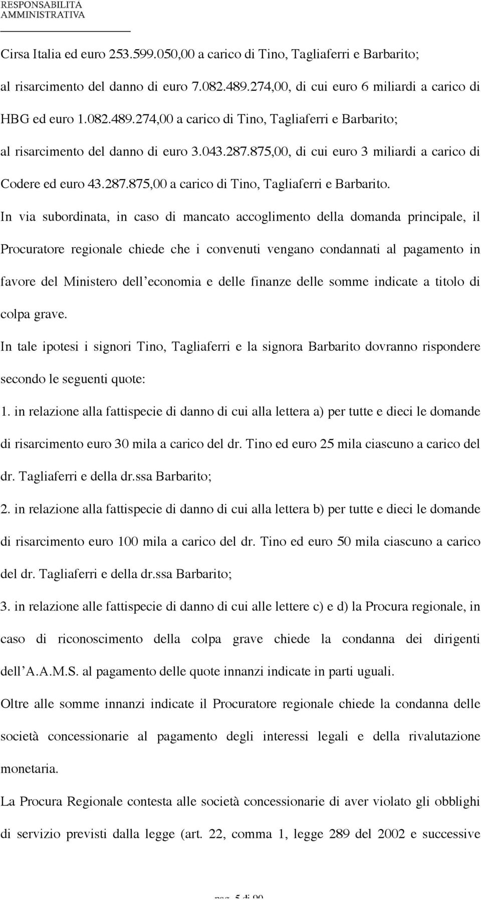 875,00, di cui euro 3 miliardi a carico di Codere ed euro 43.287.875,00 a carico di Tino, Tagliaferri e Barbarito.