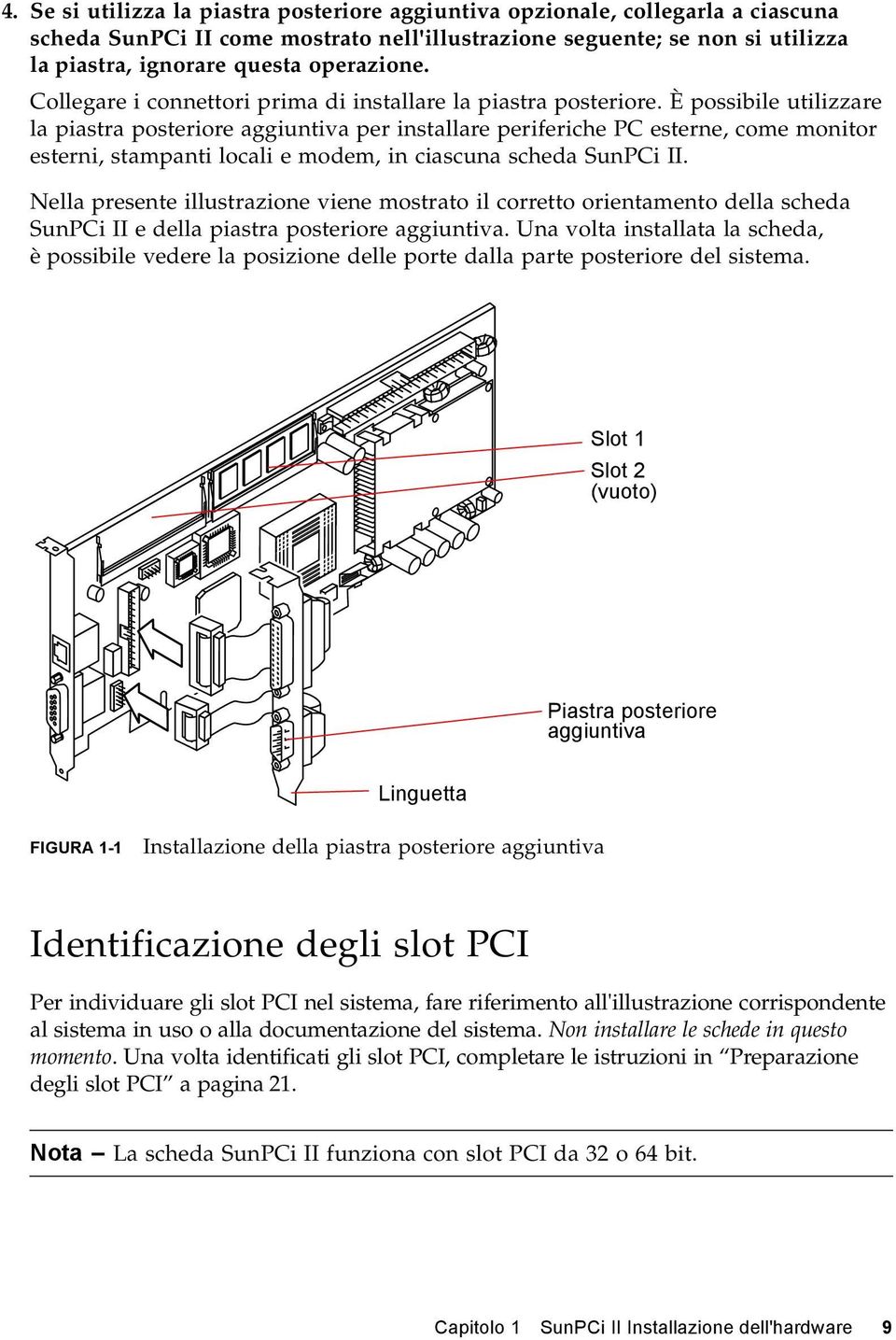 È possibile utilizzare la piastra posteriore aggiuntiva per installare periferiche PC esterne, come monitor esterni, stampanti locali e modem, in ciascuna scheda SunPCi II.