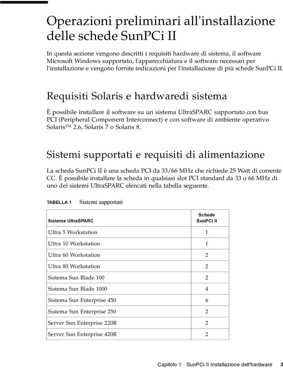 Requisiti Solaris e hardwaredi sistema È possibile installare il software su un sistema UltraSPARC supportato con bus PCI (Peripheral Component Interconnect) e con software di ambiente operativo