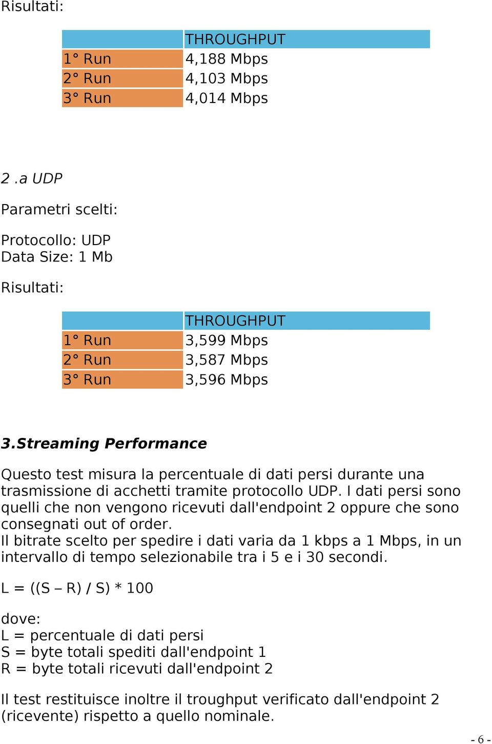 Streaming Performance Questo test misura la percentuale di dati persi durante una trasmissione di acchetti tramite protocollo UDP.