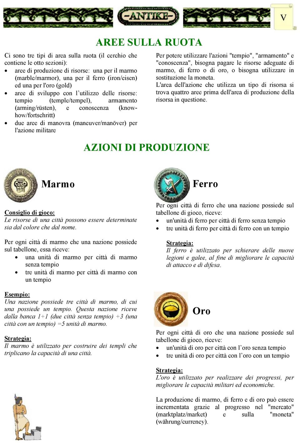 SULLA RUOTA AZIONI DI PRODUZIONE Per potere utilizzare l'azioni "tempio", "armamento" e "conoscenza", bisogna pagare le risorse adeguate di marmo, di ferro o di oro, o bisogna utilizzare in