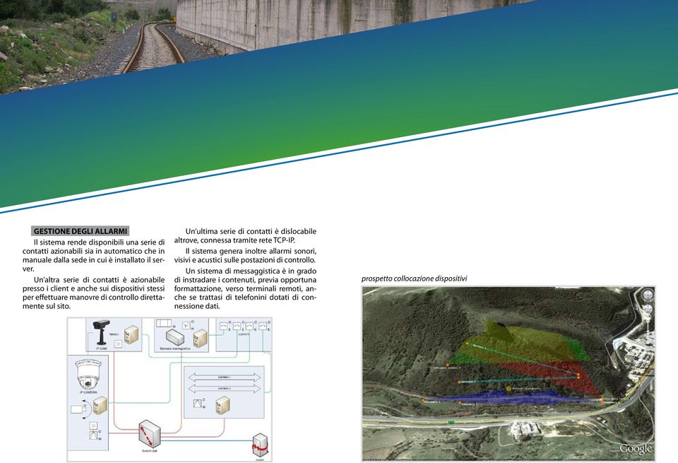 Un ultima serie di contatti è dislocabile altrove, connessa tramite rete TCP-IP. Il sistema genera inoltre allarmi sonori, visivi e acustici sulle postazioni di controllo.