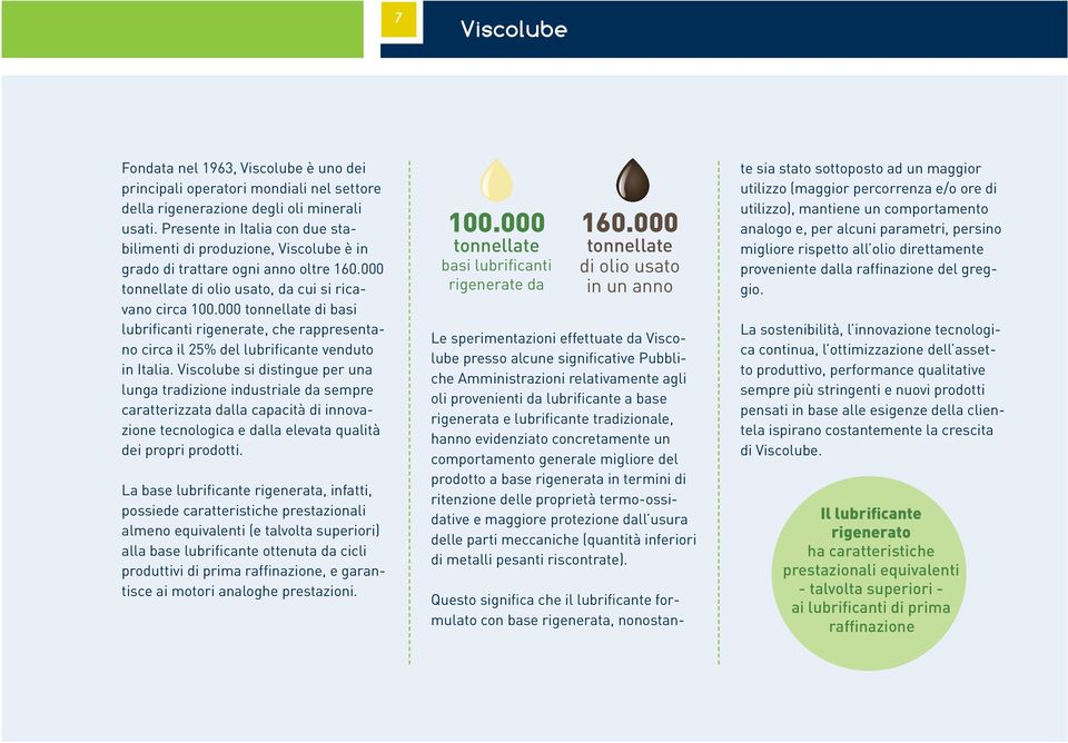 000 tonnellate di basi lubrificanti rigenerate, che rappresentano circa il 25% del lubrificante venduto in Italia.