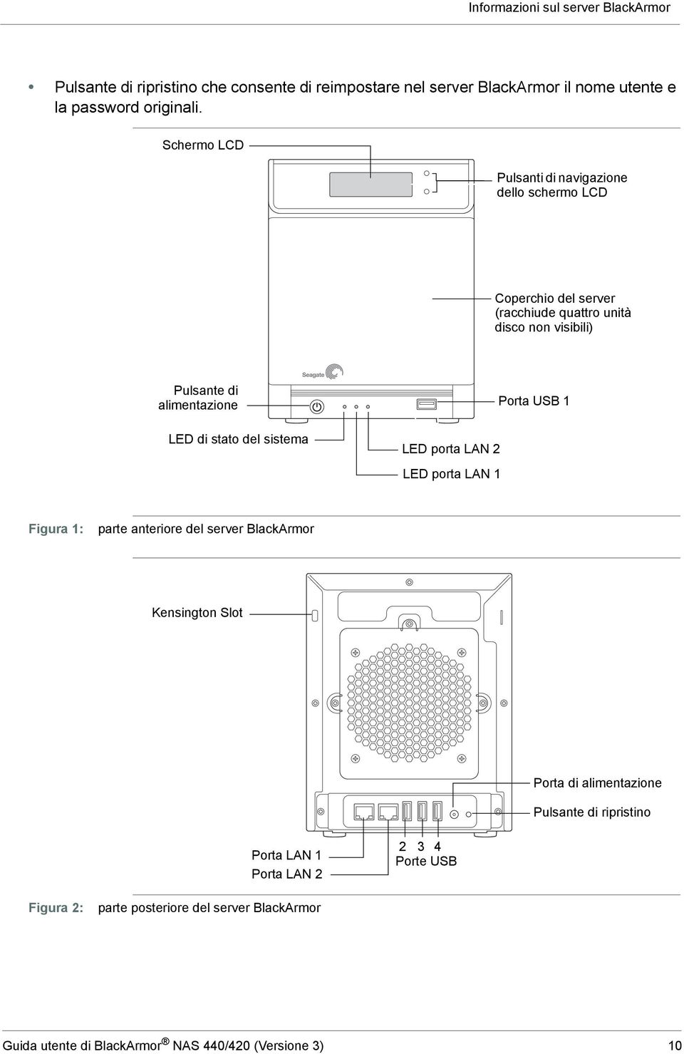 stato del sistema LED porta LAN 2 LED porta LAN 1 Porta USB 1 Figura 1: parte anteriore del server BlackArmor Kensington Slot Porta di alimentazione