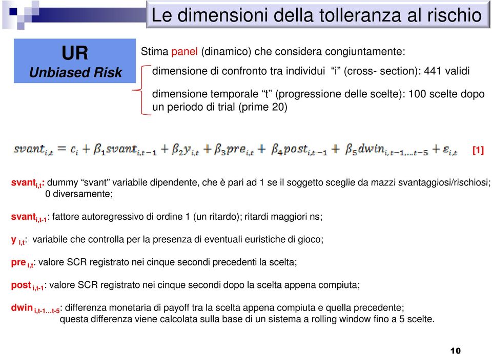 svantaggiosi/rischiosi; 0 diversamente; svant i,t-1 : fattore autoregressivo di ordine 1 (un ritardo); ritardi maggiori ns; y i,t : variabile che controlla per la presenza di eventuali euristiche di