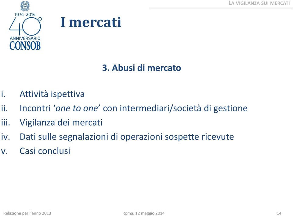 iii. Vigilanza dei mercati iv.