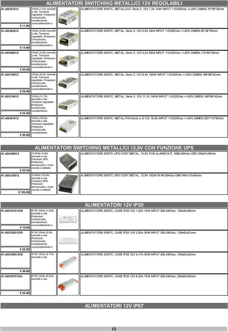 Protezioni: 12Vdc (18.0A) Tensione regolabile. Protezioni: ALIMENTATORI SWITCHING METALLICI 12V REGOLABILI ALIMENTATORE SWITC. METALLICO. Serie 3, 12V 1,3A 15W INPUT 110/220Vac +/-20% DIMEN.