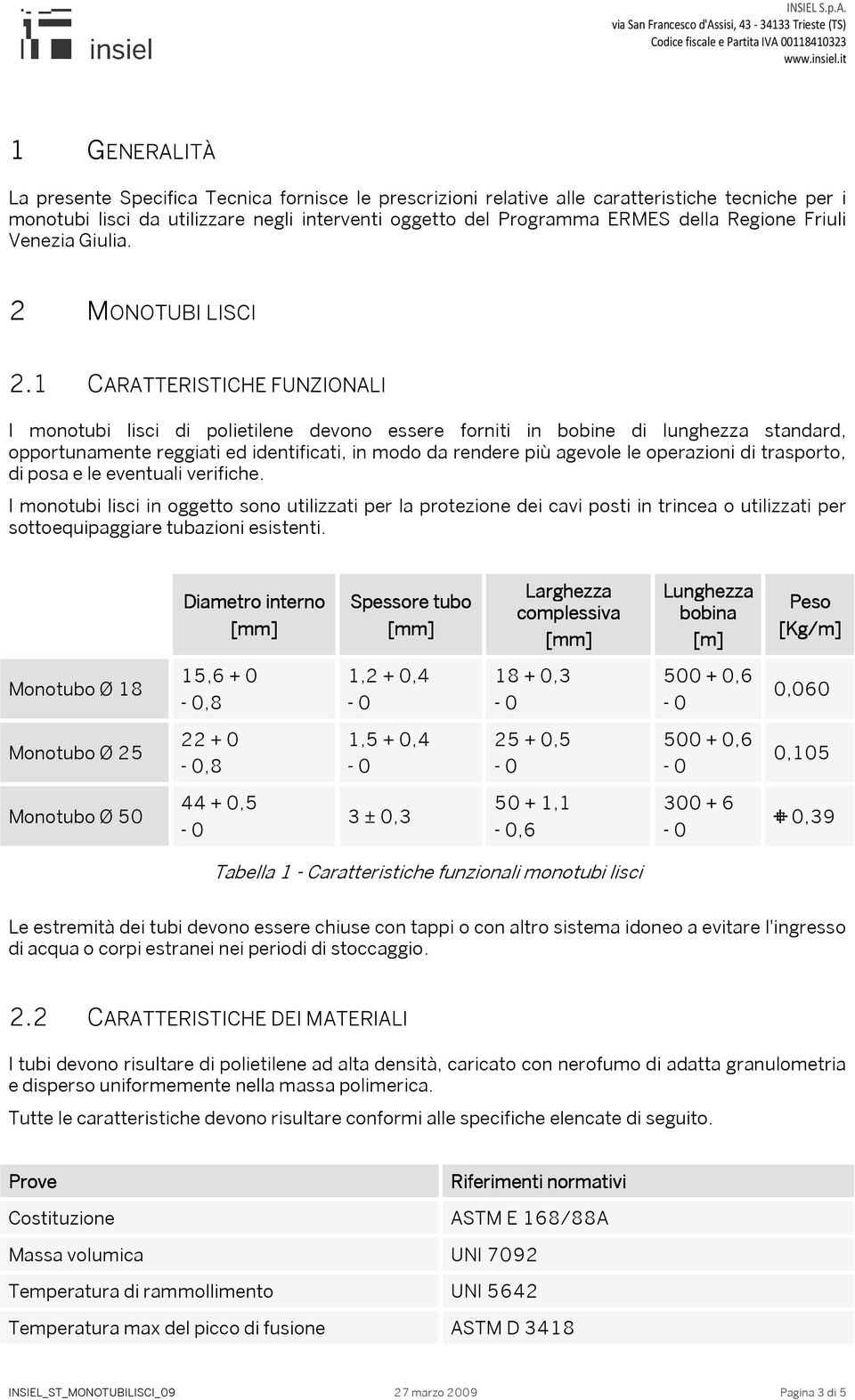 1 CARATTERISTICHE FUNZIONALI I monotubi lisci di polietilene devono essere forniti in bobine di lunghezza standard, opportunamente reggiati ed identificati, in modo da rendere più agevole le