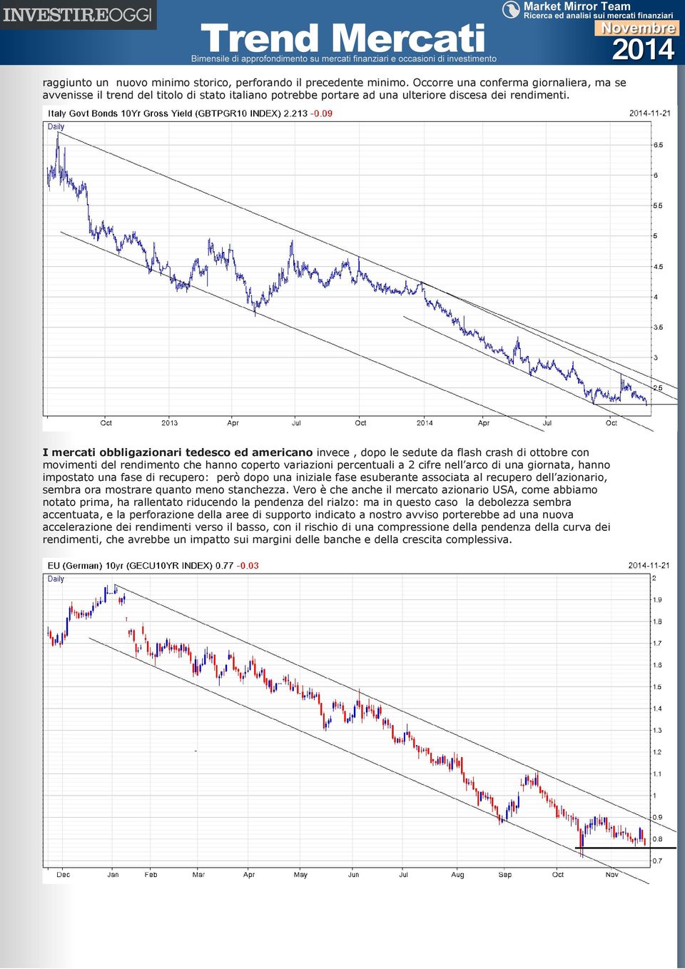 I mercati obbligazionari tedesco ed americano invece, dopo le sedute da flash crash di ottobre con movimenti del rendimento che hanno coperto variazioni percentuali a 2 cifre nell arco di una