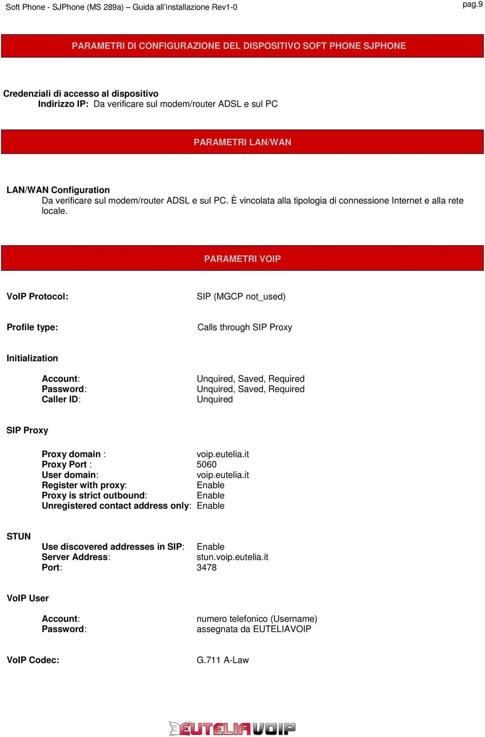 PARAMETRI VOIP VoIP Protocol: SIP (MGCP not_used) Profile type: Calls through SIP Proxy Initialization Account: Password: Caller ID: Unquired, Saved, Required Unquired, Saved, Required Unquired SIP