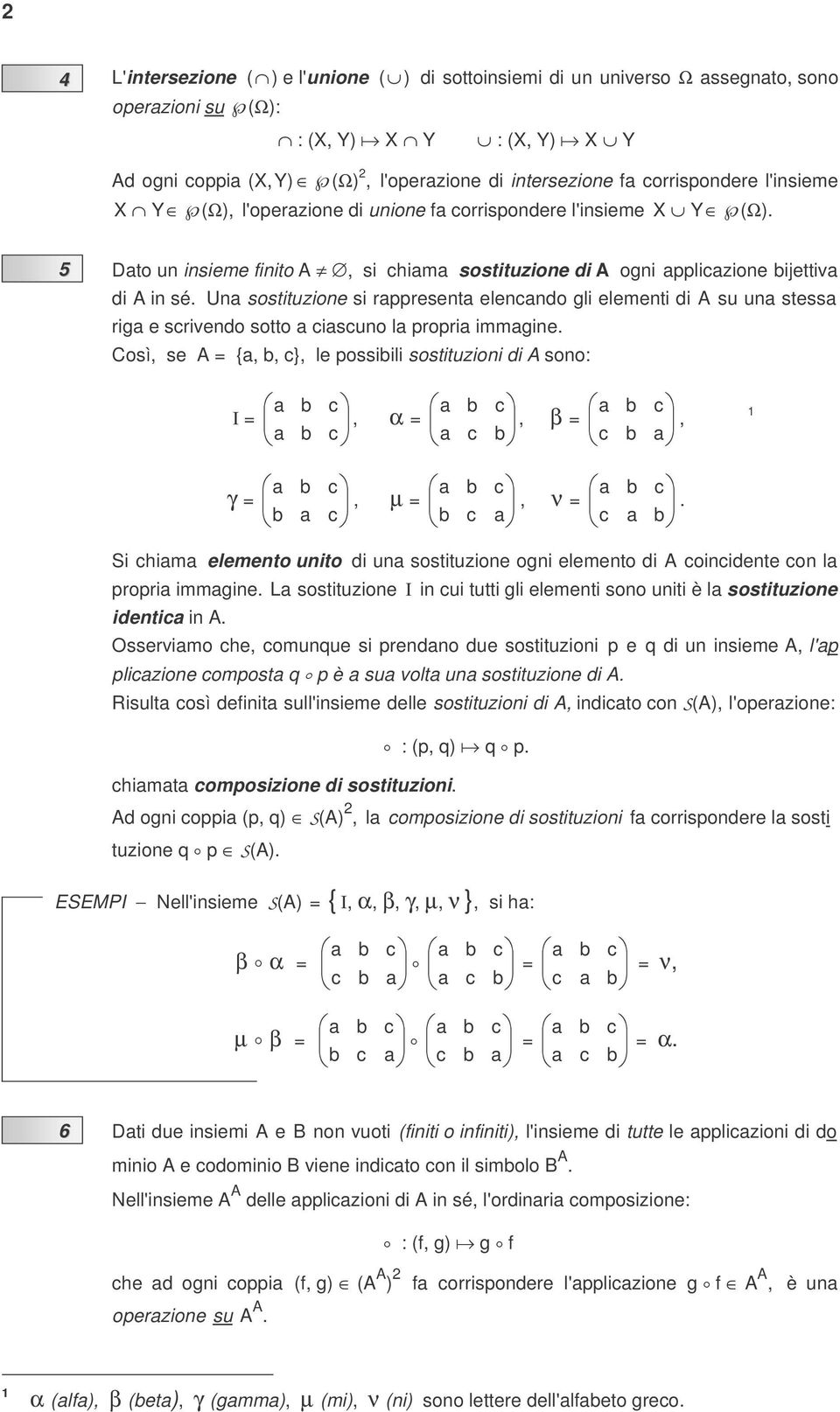 gli elementi di A su un stess rig e srivendo sotto isuno l propri immgine Così, se A = {,, }, le possiili sostituzioni di A sono: I =, α =, β =, γ =, µ =, ν = Si him elemento unito di un sostituzione