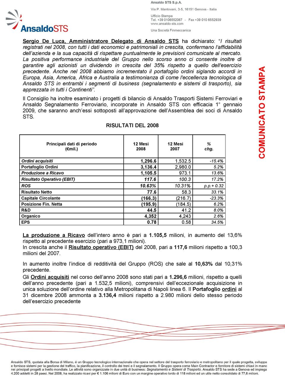 La positiva performance industriale del Gruppo nello scorso anno ci consente inoltre di garantire agli azionisti un dividendo in crescita del 35% rispetto a quello dell'esercizio precedente.