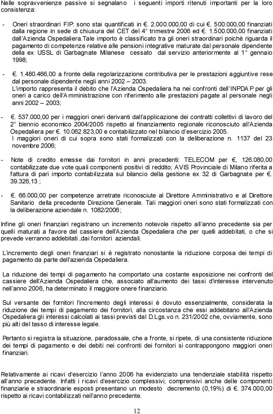 Tale importo è classificato tra gli oneri straordinari poiché riguarda il pagamento di competenze relative alle pensioni integrative maturate dal personale dipendente della ex USSL di Garbagnate