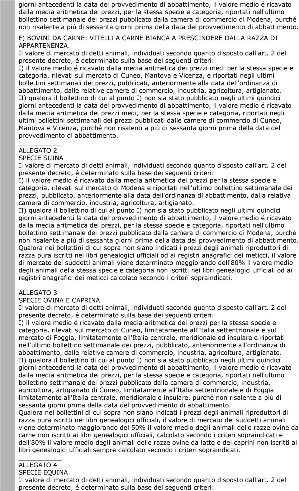 settimanali dei prezzi, pubblicati, anteriormente alla data dell'ordinanza di abbattimento, dalle relative camere di commercio, industria, agricoltura, artigianato.