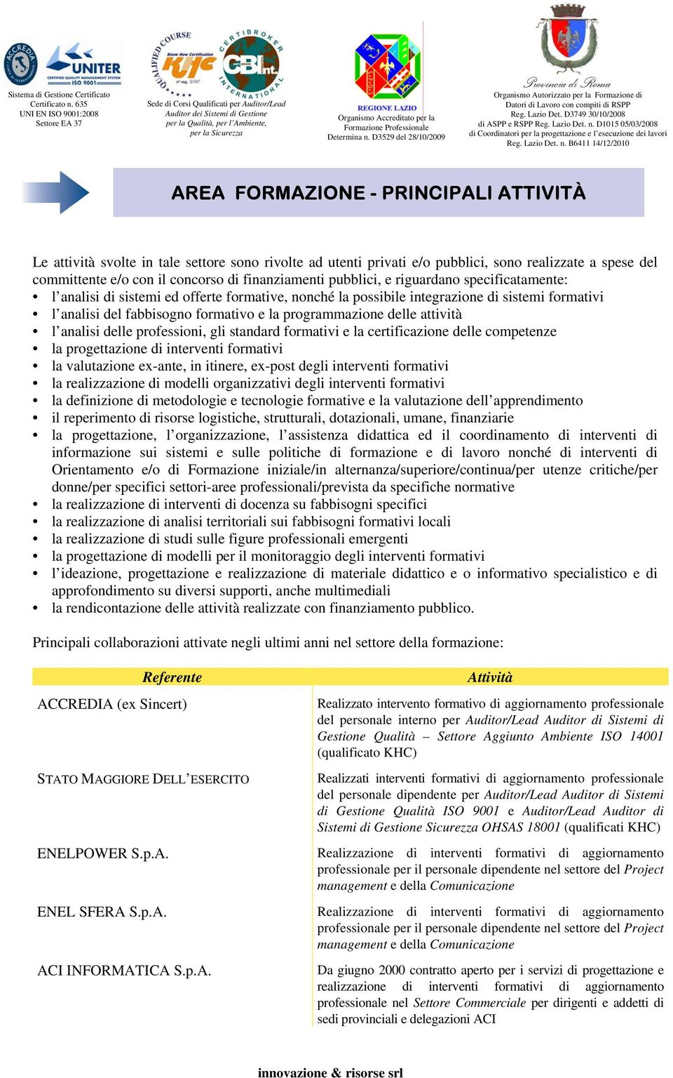 Formazione Professionale Determina n. D3529 del 28/10/2009 Provincia di Roma Organismo Autorizzato per la Formazione di Datori di Lavoro con compiti di RSPP Reg. Lazio Det.