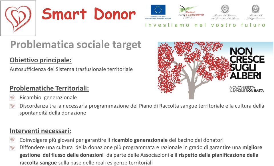 Coinvolgere più giovani per garantire il ricambio generazionale del bacino dei donatori Diffondere una cultura della donazione più programmata e razionale in grado di