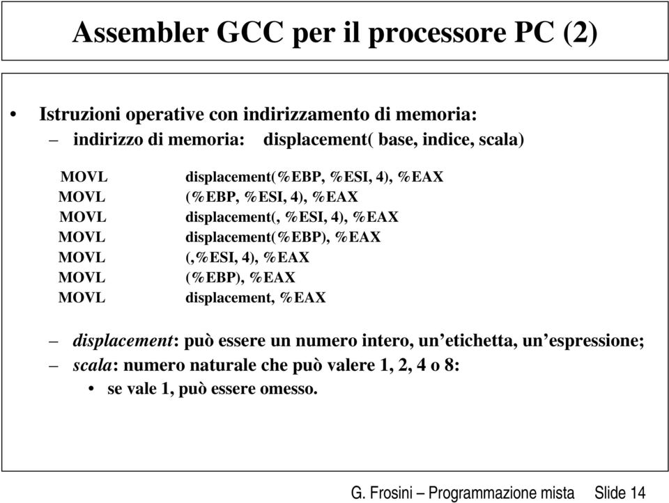 %EAX displacement(%ebp), %EAX (,%ESI, 4), %EAX (%EBP), %EAX displacement, %EAX displacement: può essere un numero intero, un