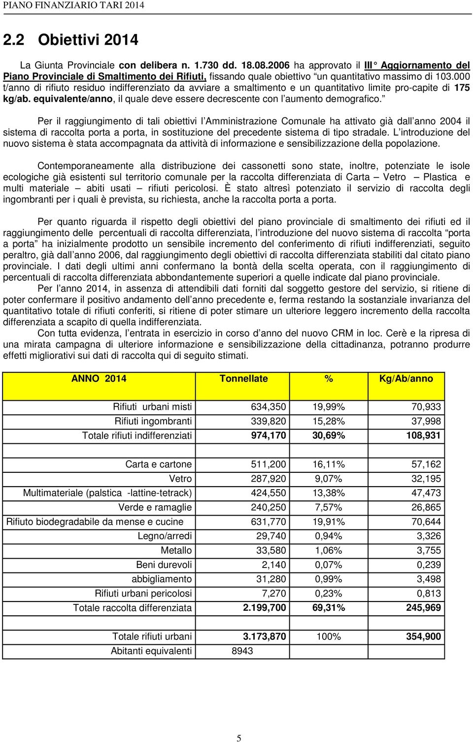 000 t/anno di rifiuto residuo indifferenziato da avviare a smaltimento e un quantitativo limite pro-capite di 175 kg/ab. equivalente/anno, il quale deve essere decrescente con l aumento demografico.