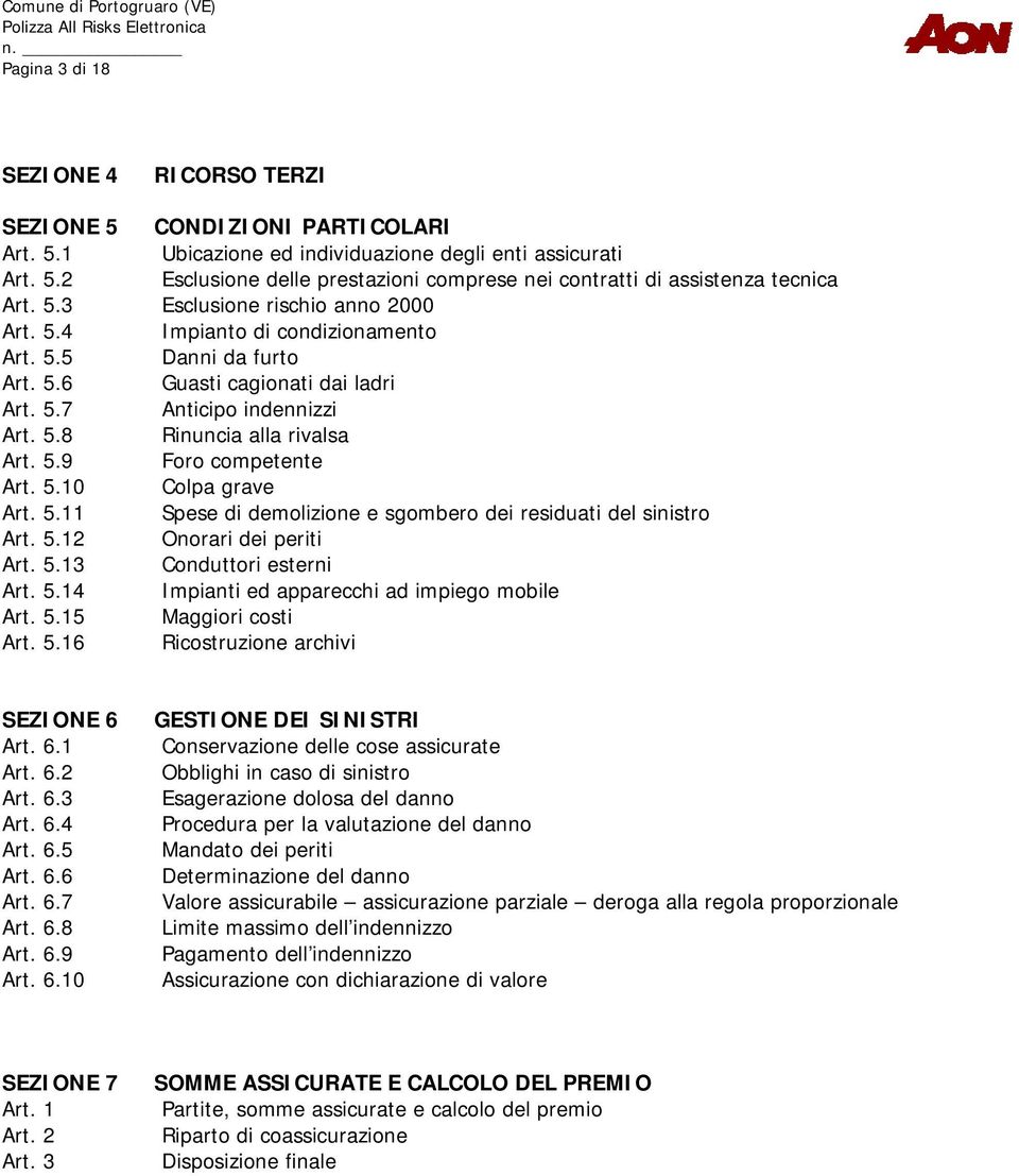 5.10 Colpa grave Art. 5.11 Spese di demolizione e sgombero dei residuati del sinistro Art. 5.12 Onorari dei periti Art. 5.13 Conduttori esterni Art. 5.14 Impianti ed apparecchi ad impiego mobile Art.