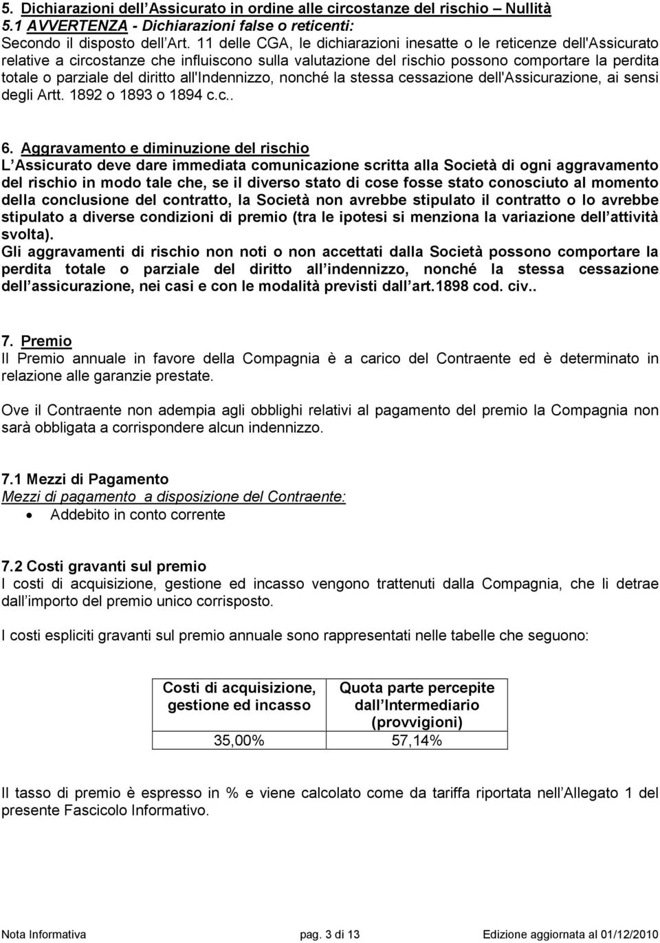 all'indennizzo, nonché la stessa cessazione dell'assicurazione, ai sensi degli Artt. 1892 o 1893 o 1894 c.c.. 6.