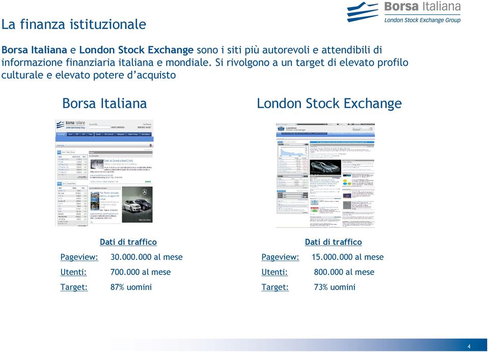 Si rivolgono a un target di elevato profilo culturale e elevato potere d acquisto Borsa Italiana London Stock