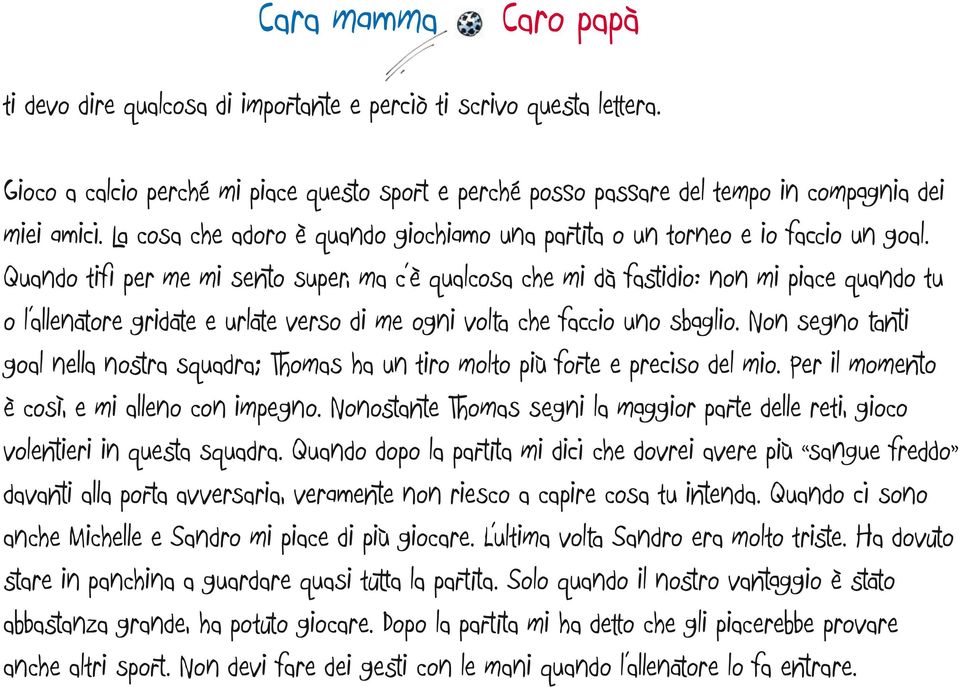 Quando tifi per me mi sento super, ma c è qualcosa che mi dà fastidio: non mi piace quando tu o l allenatore gridate e urlate verso di me ogni volta che faccio uno sbaglio.