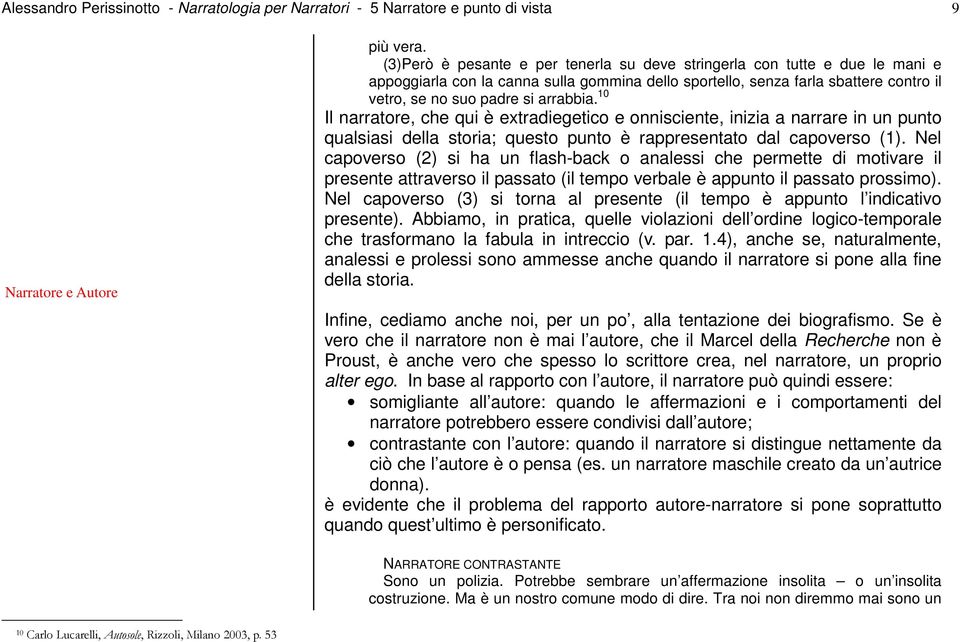 10 Il narratore, che qui è extradiegetico e onnisciente, inizia a narrare in un punto qualsiasi della storia; questo punto è rappresentato dal capoverso (1).