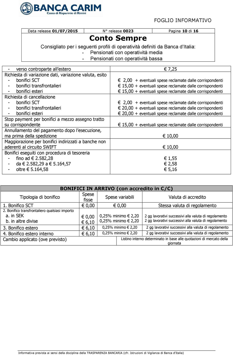 bonifici SCT - bonifici transfrontalieri - bonifici esteri Stop payment per bonifici a mezzo assegno tratto su corrispondente 2,00 + eventuali spese reclamate dalle corrispondenti 20,00 + eventuali