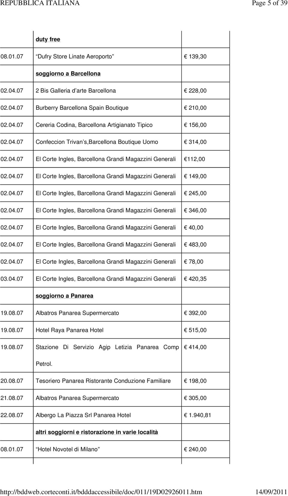 04.07 El Corte Ingles, Barcellona Grandi Magazzini Generali 245,00 02.04.07 El Corte Ingles, Barcellona Grandi Magazzini Generali 346,00 02.04.07 El Corte Ingles, Barcellona Grandi Magazzini Generali 40,00 02.