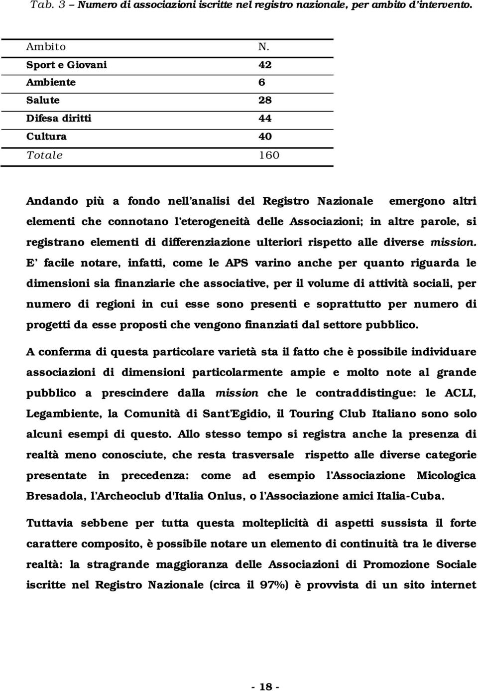 Associazioni; in altre parole, si registrano elementi di differenziazione ulteriori rispetto alle diverse mission.