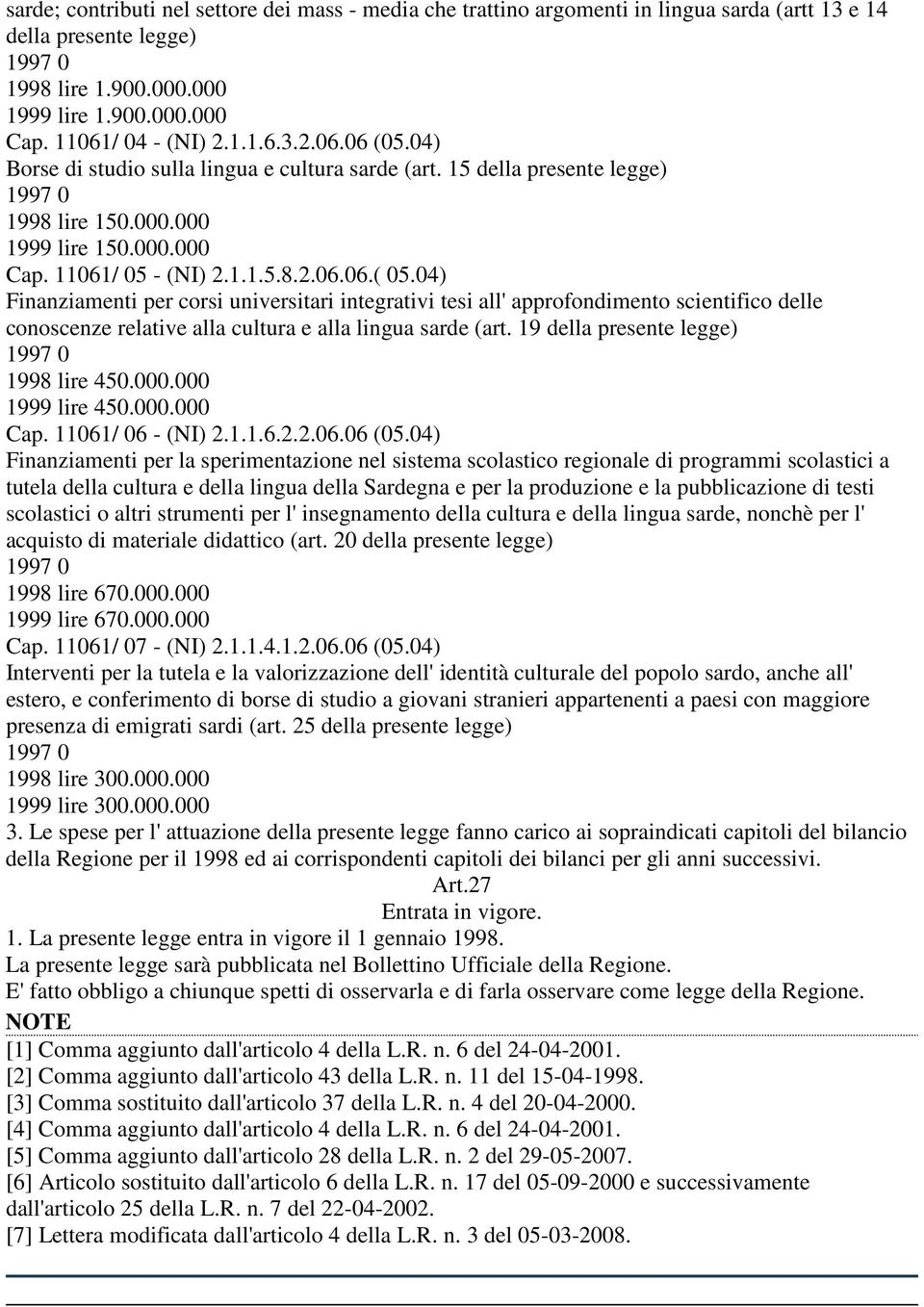 04) Finanziamenti per corsi universitari integrativi tesi all' approfondimento scientifico delle conoscenze relative alla cultura e alla lingua sarde (art. 19 della presente legge) 1998 lire 450.000.