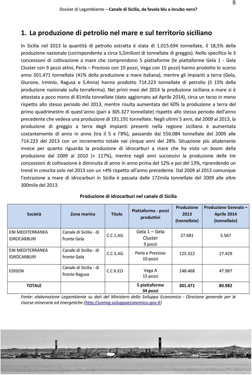 Nello specifico le 3 concessioni di coltivazione a mare che comprendono 5 piattaforme (le piattaforme Gela 1 - Gela Cluster con 9 pozzi attivi, Perla Prezioso con 10 pozzi, Vega con 15 pozzi) hanno