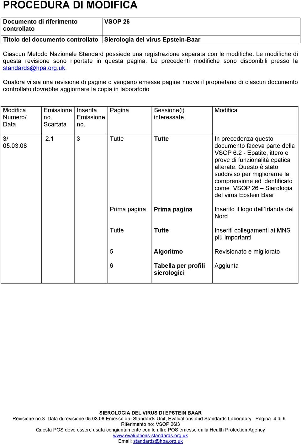 Qualora vi sia una revisione di pagine o vengano emesse pagine nuove il proprietario di ciascun documento controllato dovrebbe aggiornare la copia in laboratorio Modifica Numero/ Data Emissione no.