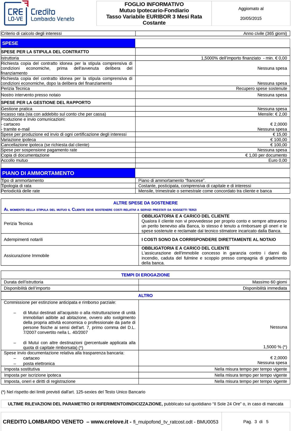 comprensiva di condizioni economiche, dopo la delibera del finanziamento Perizia Tecnica Recupero spese sostenute Nostro intervento presso notaio SPESE PER LA GESTIONE DEL RAPPORTO Gestione pratica