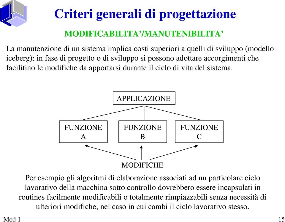 APPLICAZIONE FUNZIONE A FUNZIONE B FUNZIONE C MODIFICHE Per esempio gli algoritmi di elaborazione associati ad un particolare ciclo lavorativo della macchina sotto