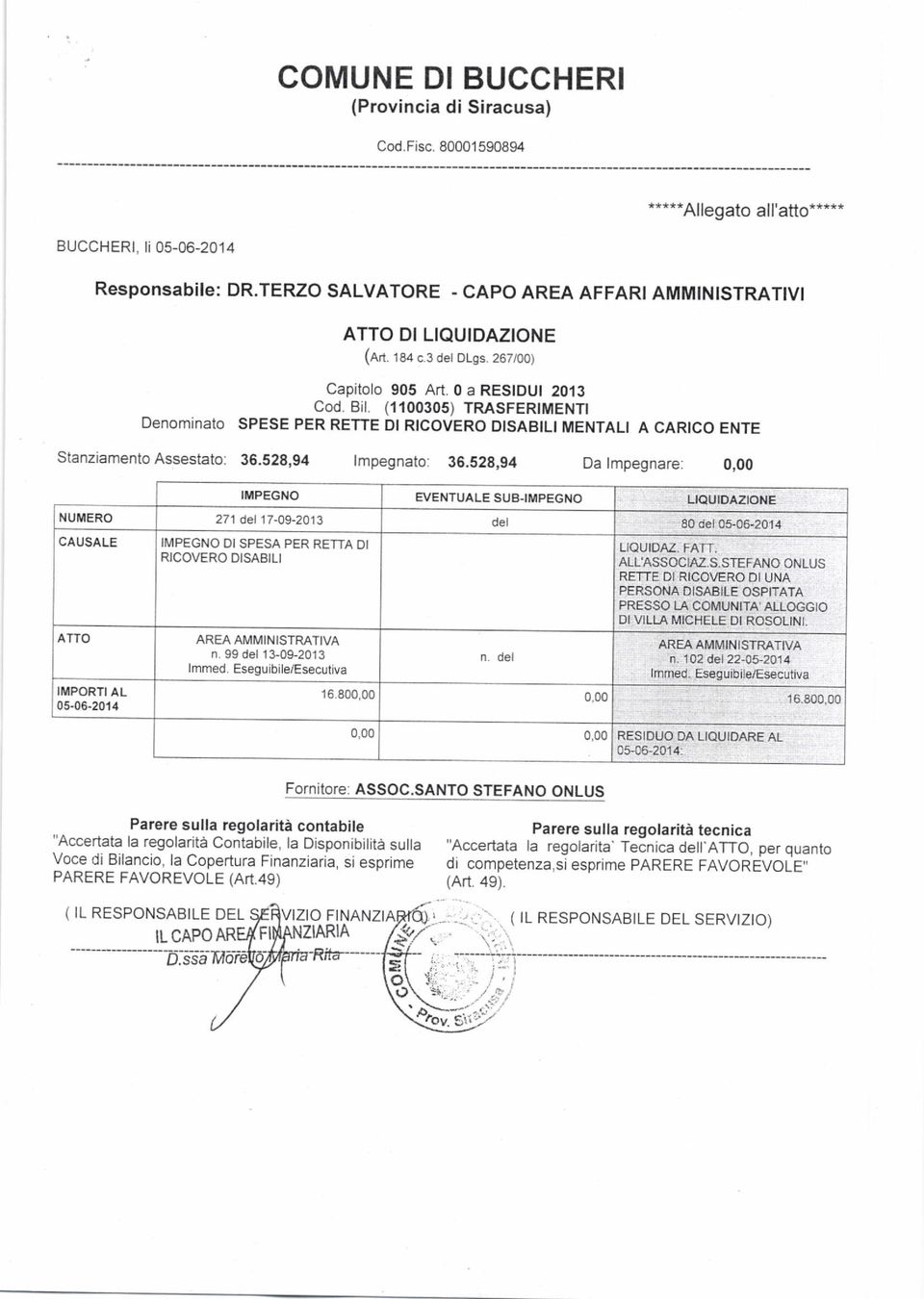 IMPEGNO LKIUIDAzIONE NUMERO ATIO 05.06-2014 271 del17-09-2013 IMPEGNO DI SPESA PER REITA DI RICOVERO DISABILI AREA AMMINISTMTIVA n. 99 del 13-09-20î3 lmmed.